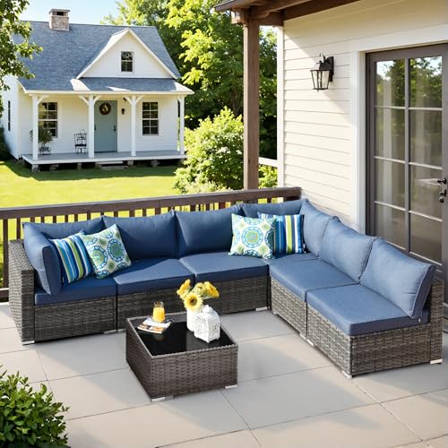 7 Pieces Patio Wicker Furniture Set with Sectional Sofa Weather Resistant Outdoor Seating with Glass Coffee Table for GardenBackyardDeck Denim Blue