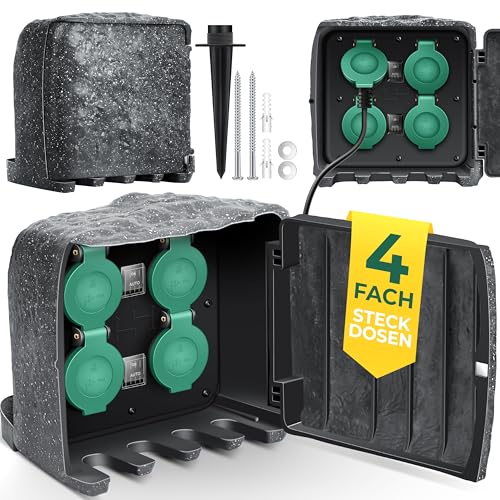 KESSER® Gartensteckdose Steinoptik mit 4 Steckplätzen, Mehrfachsteckdosen aussen mit 3m Kabel Außensteckdose IP44...
