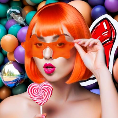 Image of ANOGOL Orange Bob Wig with Bangs Orange Wigs for Women Colored Wigs Party | Hair Cap+Sunglasses Short Neon Wig for Bachelorette Party Funny Outfit for Women Halloween Costume Night Club Crazy Hair Day