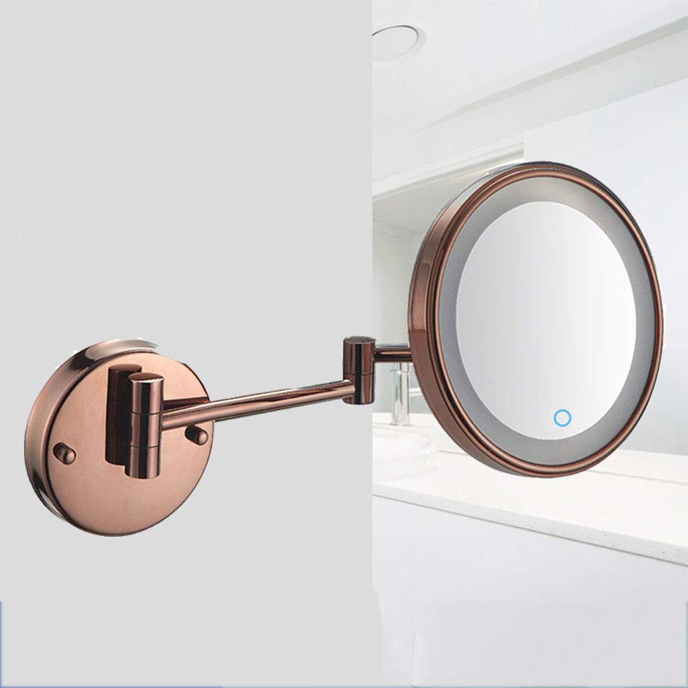 Espejo de maquillaje montado en la pared con Luces LDE, Espejo de baño de pared con lupa, pantalla táctil, giratorio de 360 grados, brazo extensible, Redondo, para baño (Oro Rosa 3X)