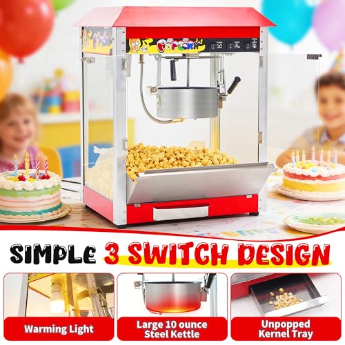 Image of Commercial Popcorn Machine, 10 Oz Kettle, 1300W Countertop Popcorn Maker for 60 Cups per Batch, Movie Theater Popcorn Popper with 3-Switch Control, 2 Scoops 1 Cup (21.3 inchL * 14.4 inchW * 26 inchH)