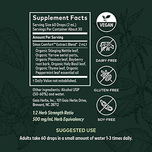 Gaia Herbs Sinus Comfort - Respiratory & Immune Support Supplement To Promote Healthy Sinuses* - With Nettle, Peppermint Leaf Oil, Holy Basil, Yarrow, Plantain & Bayberry - 2 Fl Oz (30-Day Supply) #TOP6