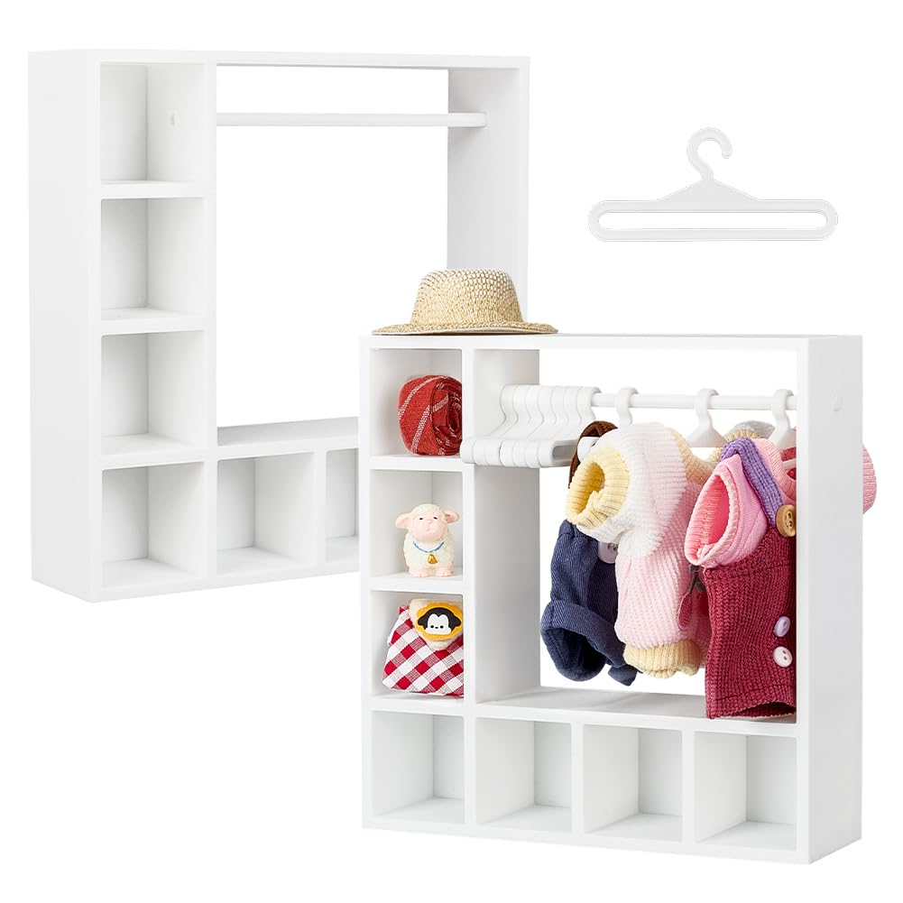 UNICRAFTALE Juego de 2 armarios blancos para ropa de muñeca con 20 perchas, mini organizador de armario de plástico, modelo micro paisaje, accesorios para casa de muñecas para decoración de casa de