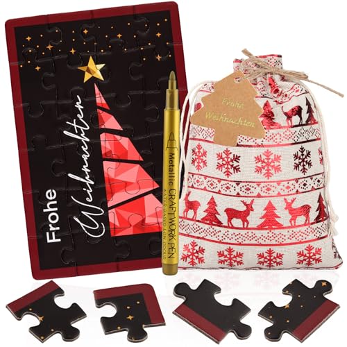 Gutschein Puzzle 24-teilig personalisiert mit Weihnachtsbaum | Ausfüllbares Geschenk mit Stift & Beutel | Kreative Weihnachtskarte & Geschenkverpackung