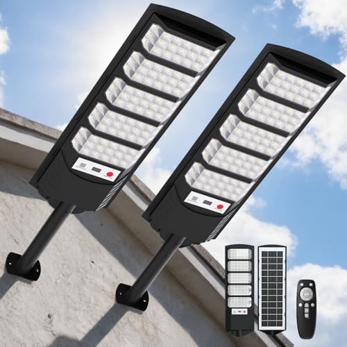 VBOK IGFE   700W Farolas Solares Exterior,6500K Farola Solar Potente con Sensor de Movimiento, IP66 Impermeables Foco Solar Luz de Seguridad para Jardín, Patio,2 Paquetes