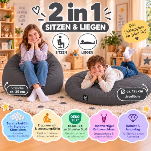 PATCH HOME 2 in 1 Funktion Sitzsack Sessel Bean Bag Sitzsäcke Gaming mit Reißverschluss bereits befüllt - Ø 125cm -Anthrazit – Ansicht 2