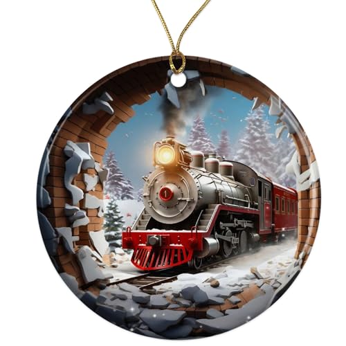 Ornamento natalizio a forma di treno natalizio, parete rivoluzionaria 3D, decorazione natalizia 2023, ornamento natalizio - ceramica rotonda da 7,6 cm - Ornamenti divertenti - COM129
