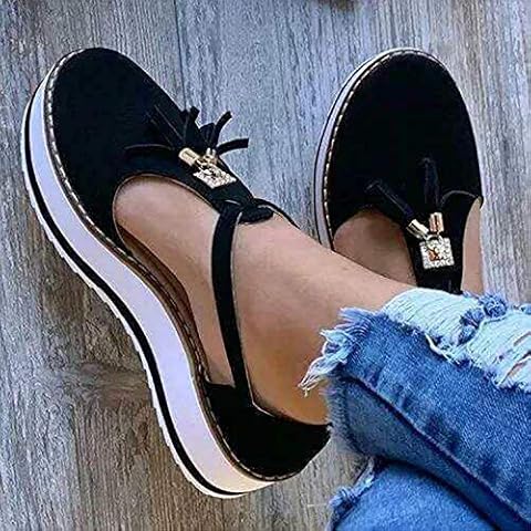 FMOGE Summer Sandals for Women Platform Tassel Leather Sandal Closed Toe Buckle Shoes Ankle Strap Heeled Vintage Beach Espadrilles Sandals Cover