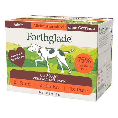 Forthglade Nassfutter für Hunde (Mixpaket, 6 x 395g Schalen) – getreidefreies Futter mit Rind, Pute oder Huhn & Gemüse für ausgewachsene Hunde ab 1 Jahr, hypoallergenes Hundefutter