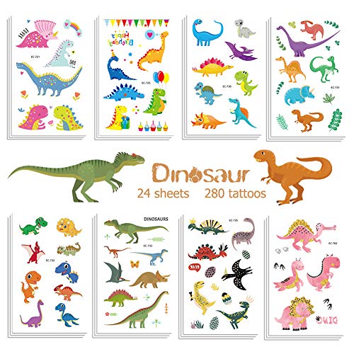 Jatidne Dinosaur Temporary Tattoos for Kids Boys Birthday Party, 300 Tattoos (Pack of 24 Sheets) Waterproof Dinosaur Tattoo Stickers, Dinosaur Party Supplies Great Children Party Favors