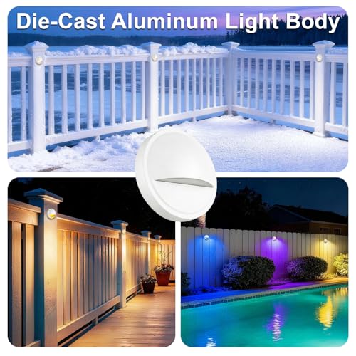 Image of RGB Low Voltage Fence Post Lights Wired for Christmas Decorations | 3W 12V RGB Color Changing LED Low Voltage Deck Lights Outdoor for Fence Post Step Railing Dock, Aluminum, White, 12PK