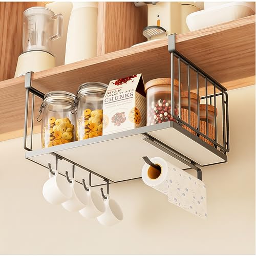MIUSITE Under Shelf Storage Basket Kitchen Storage & Organisation with Multiple Hooks and Solid Metal Tray Under Shelf Hanging Metal Wire Basket for Kitchen Pantry Cabinet Desk Bathroom (Black)