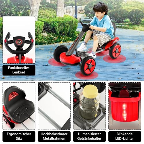 COSTWAY 12V Kinder Elektro Gokart mit LED Lichter, Go Kart mit 2-Fach verstellbarem Lenkrad & Sitz, Tretauto mit Getränkehalter, EIN-Knopf-Start, für Kinder ab 2 Jahre alt (Rot) – Bild 6