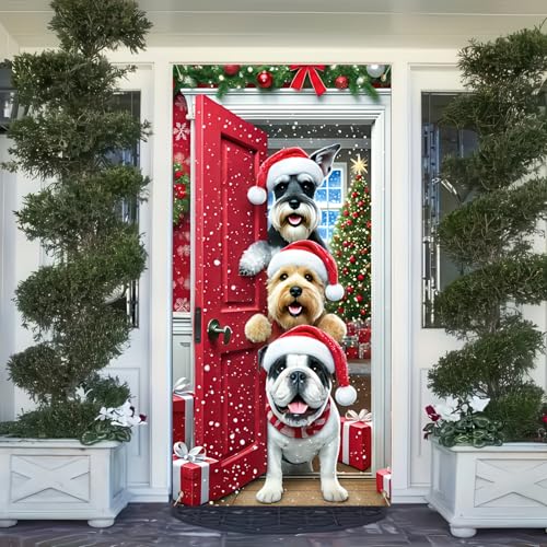 Image of BlissYard Christmas Door Cover Dog Door Hanging Banner 35x71 Inch Yorkshire Terrier English Bulldog Schnauzer Winter Banner Photo Background Door Decoration New Year Home Party Decoration Supplies