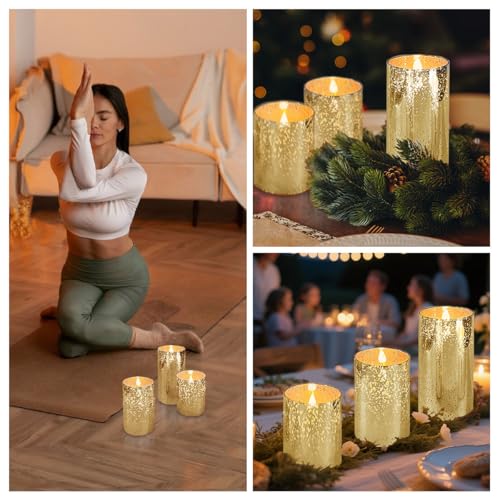 Image of LEDHOLYT Rechargeable Flameless Candle, Flickering LED Pillar Glass Fake Candle with Remote and Timer, Built-in Battery Real Wax Electronic Candle for Room Decoration, Set of 3