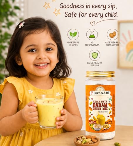 Image of 7 BAZAARI Kesar Pista Badam Milk Mix Powder 225g | Thandai Style Almond Drink Mix with Saffron, Pistachio & Spices | Protein & Energy Rich | No Artificial Flavours | Healthy Drink for Kids & Adults