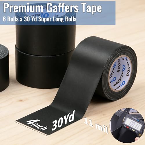 Image of Black Gaffers Tape 4 Inch by 30 Yards 6 Pack Heavy-Duty Cloth Gaffer Tape, Non-Reflective, Water Resistant, Residue-Free Gaff Tape for Indoor and Outdoor Use, Versatile and Multipurpose Cloth Tape
