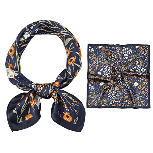 RIIQIICHY 100% Mulberry Silk Scarf Head Scarf for Women Hair Scarf for Sleeping Hair Wrapping at Night Square Neck Scarves 21"-navy-floral