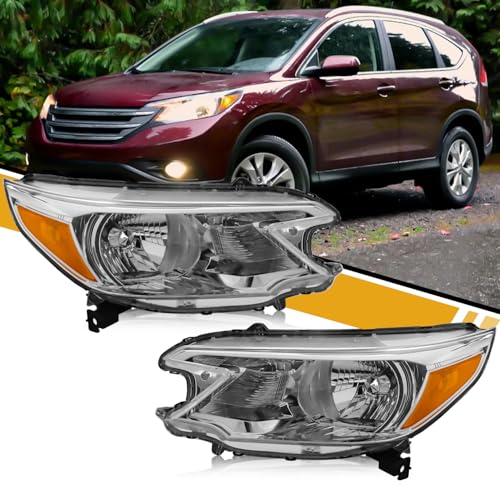Headlight Assembly Compatible with Honda CR-V 2012 2013 2014 Halogen Type Pair Set of OE-Style CRV Headlamp Replacements for 33100T0AA01 33150T0AA01 W/O Bulbs Chrome Housing Amber Reflector