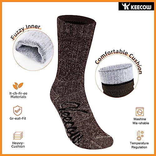 Keecow Merino Wool Crew Socks For Men & Women, Thermal, Warm, Winter Cushion Socks For Hiking Working Running, 3 Pairs (Large, Brown) #TOP2
