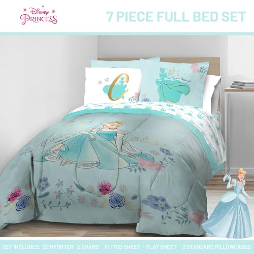 Image of Disney Princess Full Size Comforter Set 7 Piece Kids Bedding, Blue | Cinderella, Bed in a Bag, Comforter Sheets Shams Pillowcases, Official Product, Soft Microfiber, Machine Washable, Girls Gift