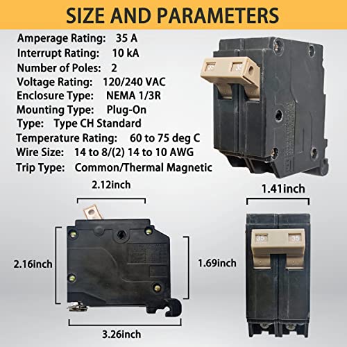 Ch235 2-Pole 35-Amp Circuit Breaker, Type Ch 3/4-Inch Plug-On Molded Case Circuit Breaker, Thermal Magnetic Protection, 10 Kaic, 120/240V, Fit For Cutler Hammer Load Centers - 5 Years Warranty #TOP1