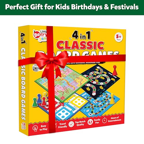 Image of 4 in 1 Classic Board Games Set for Kids & Family | Includes Ludo, Snakes & Ladders, Drive Your Car & Money Game | Indoor Fun Game Kit, Easy to Play, Travel Friendly Gift for 5+ Years