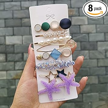 Kashishs Metal Hair Clips Barrettes Pins for Women Geometric Shape Hollow Hairpin Korean Clips Hair Clip Clamps,Pearl Metal Clips, Combo Pack of 8 Design for Girls (dual star))