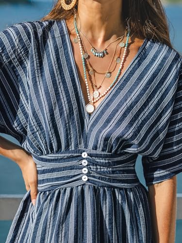 Image of CUPSHE Women Summer Dress Striped V Neck Smocked Waist Front Buttons Sun Dress Casual Vacation Beach Short Mini Dress