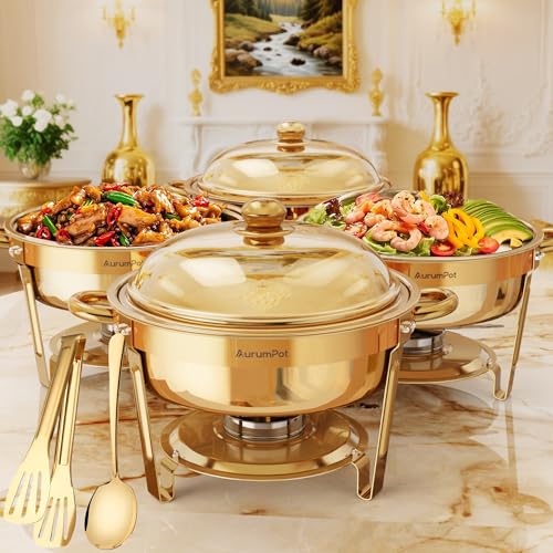 AurumPot Chafing Dishes for Buffet 4 Pack, 6QT Food Warmers for Parties Buffet, Christmas Gatherings [Elegant All-Gold Colors] Stainless Steel Round Chafing Dish Buffet Set,Buffet Servers and Warmers