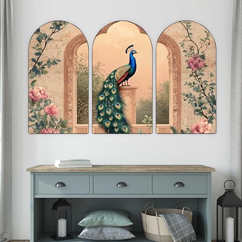 Image of Livin'luxe Peacock Wall Art | Set of 3 MDF Panel Paintings | Vintage Floral Theme Decorative Wall Hanging for Living Room, Bedroom, Office & Home Interiors