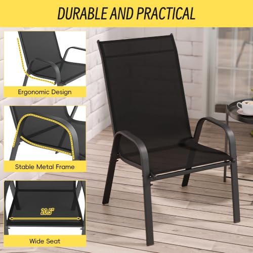 Image of Betterhood Patio Chairs Set of 6, Stackable Outdoor Dining Chairs Set with Breathable Seat Fabric, All-Weather Powder-Coated Metal Frame for Pool Side, Backyard, 350LBS Capacity (Black, Set of 6)