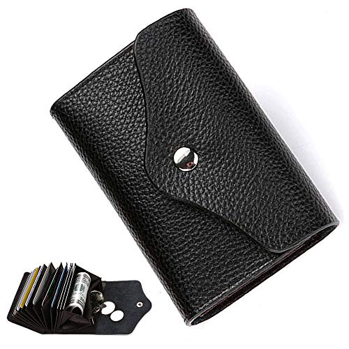 Preisvergleich Produktbild Echtes Leder Kreditkarteninhaber RFID Schutz Visitenkartenetui Karten Geldbörse Schwarz Klein Brieftasche Männer Portemonnaie Ziehharmonika-Stil 14 Fächer