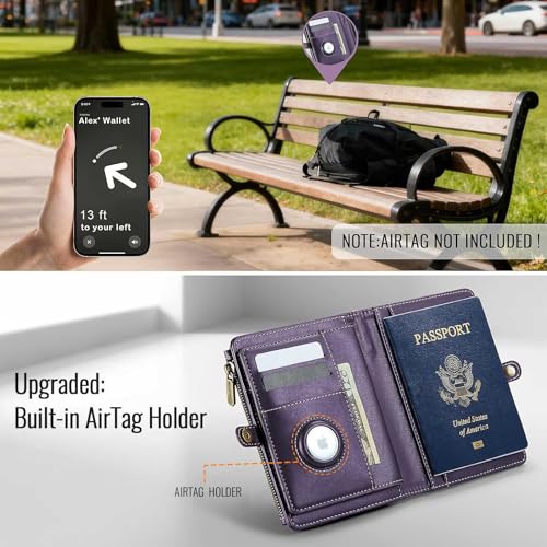 Image of Passport Wallet with AirTag Holder, RFID Blocking Passport Holder for Travel Family, PU Leather Document Organizer with 11 Card Slots & Wrist Strap, Purple