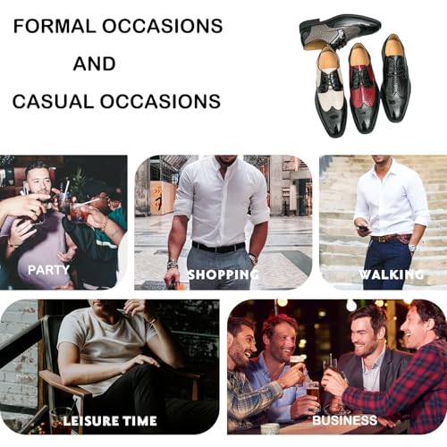 Men's Leather Two Tone Carved Brogue Low Heel Oxfords Fashion Breathable Pointed Toe Lace-Up Low Top Non-Slip Block Heel Business Dress Shoes for Wedding Office Party4