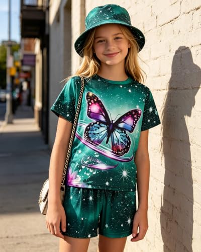 Image of 9-16Y Tween Girl Clothes 2 Piece Short Sleeve Heart Print Top and Shorts Teen Girl Summer Outfits Short Set