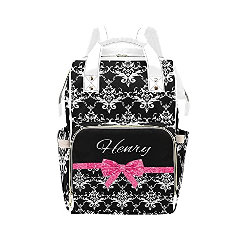 Black White Damask Pink Glitter Bow Diaper Bag Backpack with Name for Men Women Custom Personalized Nursing Baby Bags Shoulders Travel Bag Daypack
