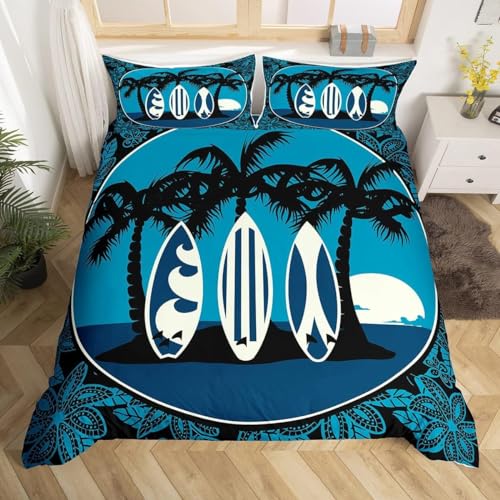 Homemissing Double Palm Trees Bedding Set Surfing Duvet Cover Surfboard Bohemian Flowers Comforter Cover Set Hawaii Tropical Islands Blue Room Decoration