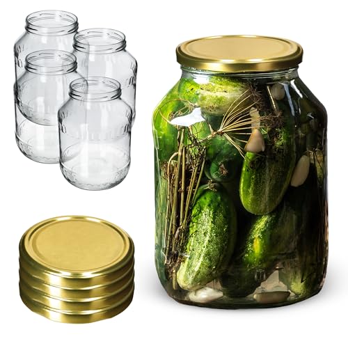KADAX Glass Jars 2.5 L, Round Preserve Storage Jars with Wide Mouth, Large Preserving Jars for Fermenting, Pickling Cucumbers (Set of 4, Gold Lids)