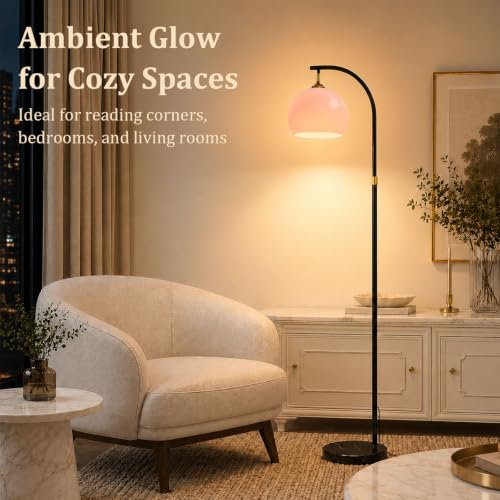 Image of Pink Arc Floor Lamp with Natural Marble Base, Mid Century Modern | Pink Glass Globe, Adjustable Height, E26 3-Color Temperatures Bulb, Foot Switch, Black Pole For Living Room, Bedroom, Office