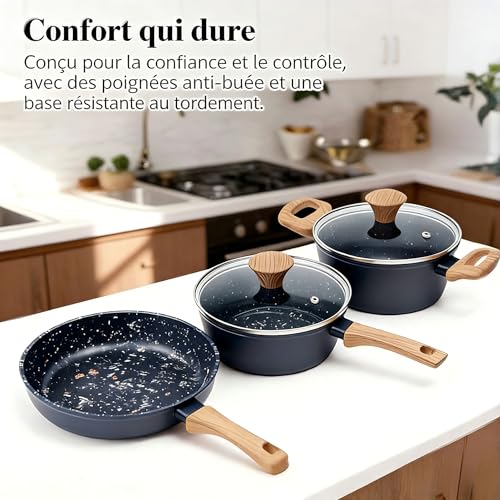 3-Piece Nonstick Cookware Set, 8.5 Inch Frying Pan & 2 Pots with Lids | PFAS & PFOA Free Non-Toxic Coating | Induction Compatible, Dishwasher Safe | Pots and Pans Set for Beginner Kitchen - Image 3