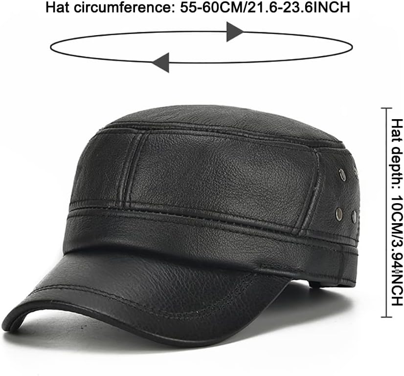 Men's Vintage Leather Military Cap Flat Top Winter Warm Male Cadet Army Caps Solid Color for Cold Weather - Image 2
