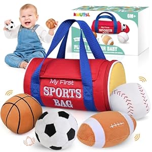 KMUYSL Baby Toys 0-12 Months, My First Sports Bag Plush Toy – 4 Sensory Balls Soft Toys with Crinkle, Rattles for 0-3-6-9-12 Month Newborn Infant, 1st Birthday for Babies Boys Girls Age 1+