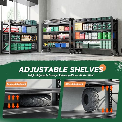 Image of Letaya 4000LBS Heavy Duty Storage Shelves with Wheels,Metal Garage Shelving Units,4 Tier Large Tall Industrial Shelving,Adjustable Utility Rack for Warehouse,Basement (Black, 55 inch W x 24 inch D x 76 inch H)