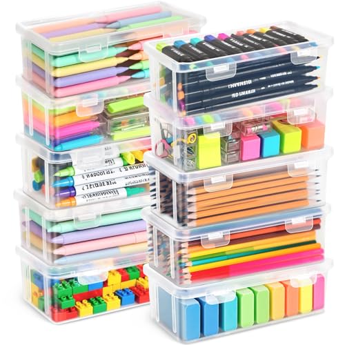 TEBOKHAD Cajas Almacenaje Plastico De Lápices, Con Tapa a Presión, Juego De 8, Apilable, Transparente, Resistente Al Polvo, Para Guardar Papelería, Documentos, Bolígrafos Y Herramientas Pequeñas (M)