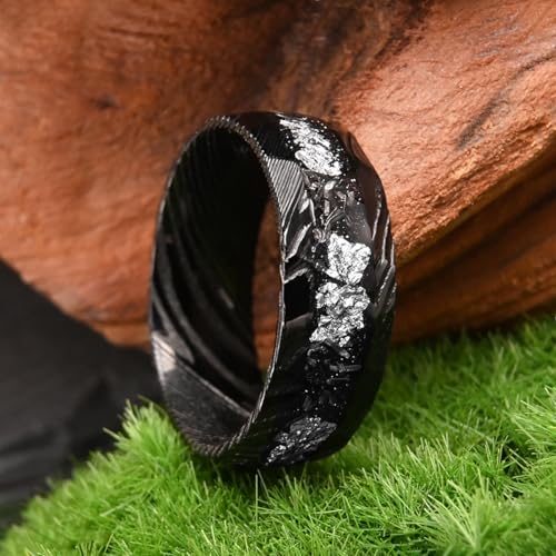 Black Damascus Steel Rings for Men Women 8mm Hammered Inlaid Silver Foil and Meteorite Men's Engagement Wedding Bands Stylish Suitable for Anniversary2
