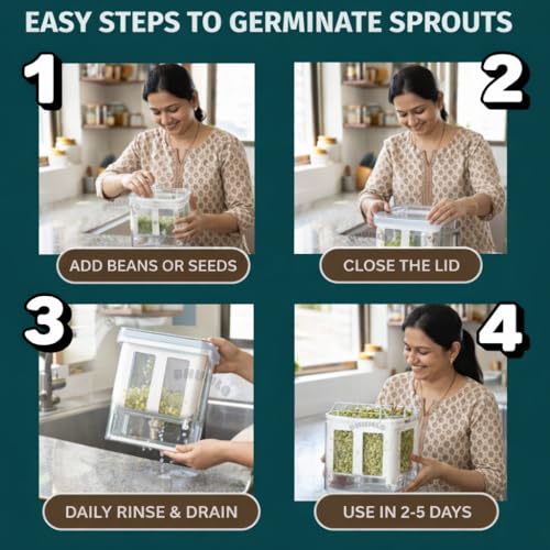 Image of Sprout Maker for Kitchen | Seed Sprouter Container Box | Mung Bean Sprouting Jar with Drain Tray | BPA Free Sprouts Maker | Germination Container for Beans, Lentils, Chana, Microgreens Grower