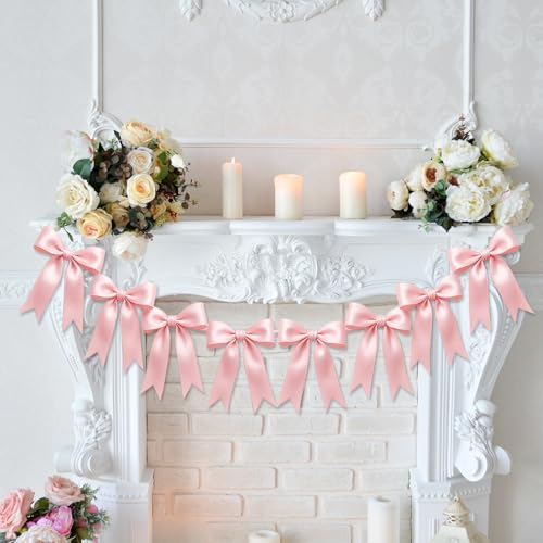 Image of 1 String of 8PCS Pink Bow Garland Banner Decoration,Pre-Strung Satin Ribbon Ornaments for Birthday,Bachelorette Party,Bridal Shower,Wedding,Engagement,Baby Shower,Graduation Decor,Anniversary