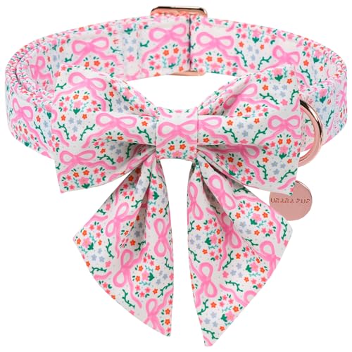 UP URARA PUP Pink Bow & Floral Dog Collar Spring Summer Soft Cotton Dog Collar with Premium Quick Release Adjustable and Comfortable Pet Collar for Small Medium and Large Dogs