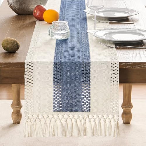 Image of ZeeMart Macrame Style Bicolor Stitching Table Runner, 14 x 48 Inch Blue /Ivory, Boho Blue Table Runners 48 Inches Long, Farmhouse Woven Home Decor